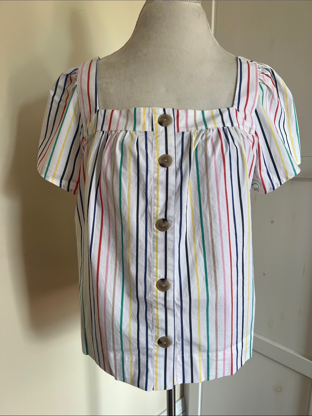 J. Crew Factory Rainbow Multi Color Stripe Square Neck Button Front Top NWT L - Picture 3 of 8